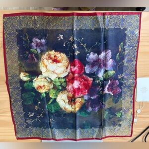 Floral Pattern Scarf with Gold Border in 100% Pure Silk (52 x 52 cm)